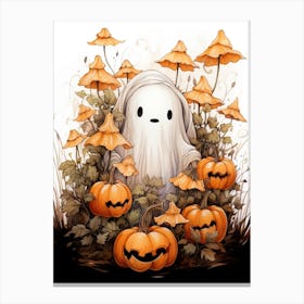 Cute Bedsheet Ghost, Botanical Halloween Watercolour 49 Canvas Print
