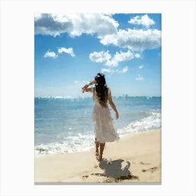 A Girl Walking Along The Beach, Sunny, Sea, Oil Painting Canvas Print