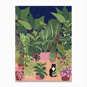Black Cat And Plants In The Night Canvas Print