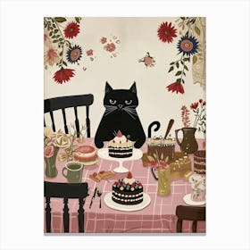 Black Cat With Cakes Coffee And Flower Painting Cat Kitchen Print Cat Lover Gift Cute Cat Print Kitchen Canvas Print