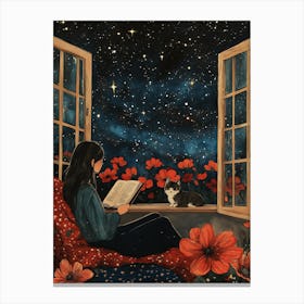 Girl Reading Book with Her Cat 16 Canvas Print