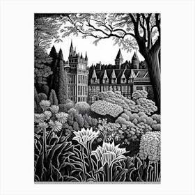 Biltmore Estate Gardens, Usa Linocut Black And White Vintage Canvas Print