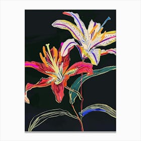 Neon Flowers On Black Lily 4 Canvas Print