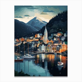 Winter Travel Night Illustration Bergen Norway 4 Canvas Print