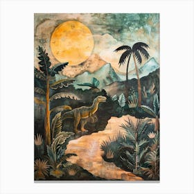 Dinosaur Under The Moon Painting Canvas Print