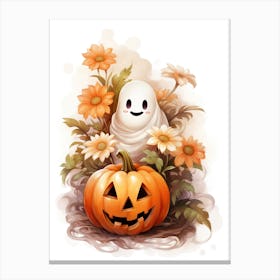 Cute Ghost With Pumpkins Halloween Watercolour 91 Canvas Print