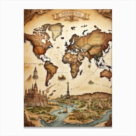 A World Map Visualizing An International Journey Pinpointing Iconic Historical Landmarks Across Var (4) Canvas Print