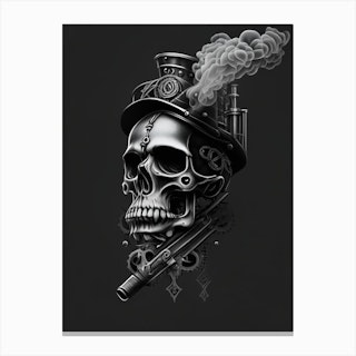 Skull With Tattoo Style Artwork Grey Stream Punk Canvas Print