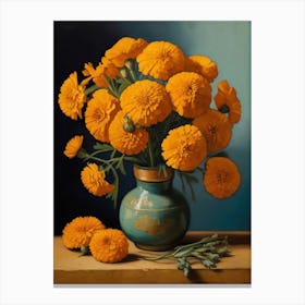 Orange Flowers In A Blue Vase Canvas Print