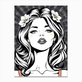 Girl With Flowers - Black and White Canvas Print