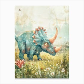 Cute Pattern Triceratops In The Meadow Watercolour Painting 2 Canvas Print