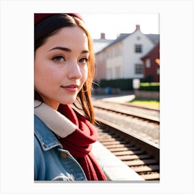 Young Woman On Train Tracks Canvas Print