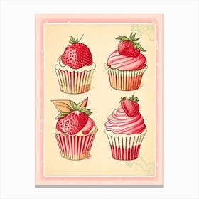 Strawberry Cupcakes, Dessert, Food Vintage Sketch 1 Canvas Print