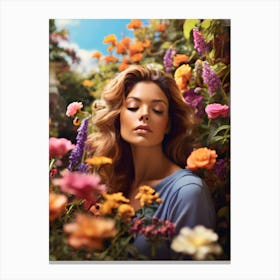 A Portrait Of A Woman Lost In Thought surrounded by flowers Canvas Print