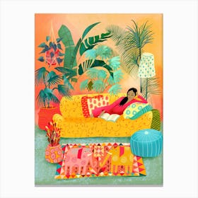Woman Reading In Tropical Living Room Canvas Print