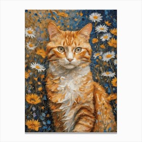 Klimt Style Ginger Tuxedo Orange Tabby Cat in Colorful Garden Flowers Meadow Gold Leaf Painting - Gustav Klimt and Monet Inspired Textured Acrylic Palette Knife Art Daisies Poppies Amongst Wildflowers at Night Beautiful HD High Resolution Canvas Print