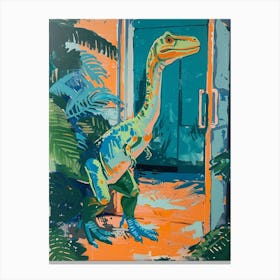 Dinosaur In The House Blue Orange  Canvas Print