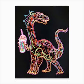 Neon Dinosaur Linework Drinking A Milkshake Canvas Print
