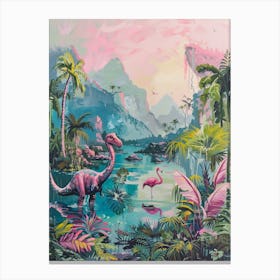 Dinosaur With The Flamingos Painting 2 Canvas Print