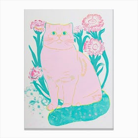 Cute Scottinsh Fold Cat With Flowers Illustration 2 Canvas Print