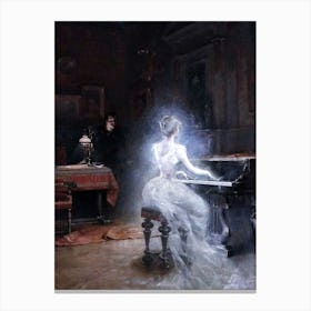 Spirit at the Piano 1885 by George Roux - A Ghostly Apparition Victorian Spectral Art For Gallery or Feature Wall Decor Iconic Famous Oil Painting of Gentleman and Lady in Stately Home HD Remastered High Resolution Canvas Print