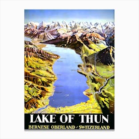 Lake Of Thun Map, Bernese Oberland, Switzerland, Travel Poster Canvas Print