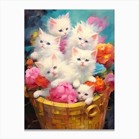 White Kittens In A Basket Kitsch 3 Canvas Print