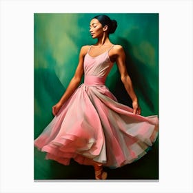 Ballerina With A Pink Dress Posing In Front Of Dark Green Wall Canvas Print