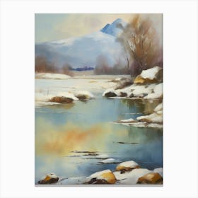 Ancient landscapes, old winter oil paintings and rocks around the lake bank. Snow is falling on the lake, old colors.1 2 Canvas Print