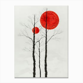 Three Trees With Red Sun Canvas Print