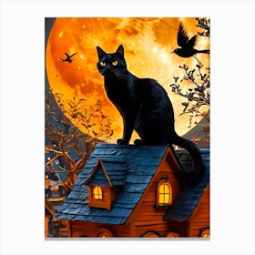 Halloween House With Black Cat Canvas Print