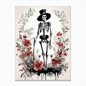 Floral Skeleton With Hat Ink Painting (24) Canvas Print