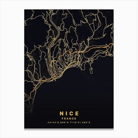 Nice France Black And Gold Map Canvas Print