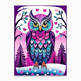 Pink Owl Snowy Landscape Painting (83) Canvas Print