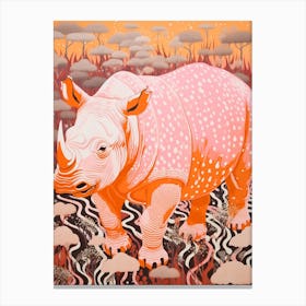 Linocut Inspired Pink Orange & Yellow Rhino  3 Canvas Print