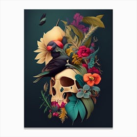 Skull With Bird Motifs Colourful Botanical Canvas Print