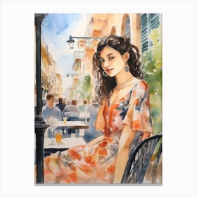 At A Cafe In Barcelona Spain 2 Watercolour Canvas Print