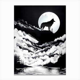 Wolf Howling At The Moon, black and white monochromatic art Canvas Print
