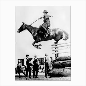 Horse Jumping Over Fence, Western Aesthetic, Vintage Black and White Old Photo 1 Canvas Print