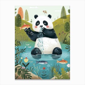 Giant Panda Catching Fish In A Tranquil Lake Storybook Illustration 1 Canvas Print