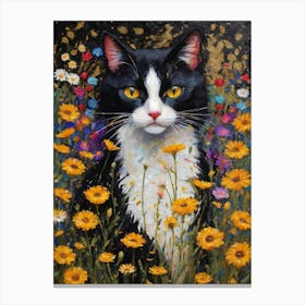 Klimt Style Tuexdo Cat in Colorful Garden Flowers Meadow Gold Leaf Painting - Gustav Klimt and Monet Waterlillies Poppies Daisies Inspired Textured Wall Decor - Super Vibrant HD High Resolution Canvas Print