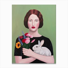 Woman With Rabbit And Flowers Canvas Print