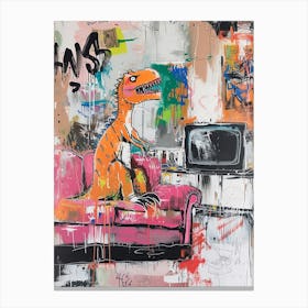 Dinosaur Watching Tv Pink Graffiti Brushstroke 2 Canvas Print