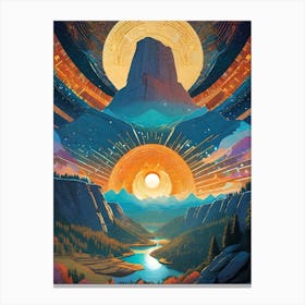 Journey Of The Sun ~ Top of The Mountain - Imagined Visionary Psychedelic Mandala Fractals Fantasy Artwork Sun Moon Yoga Spiritual Awakening Meditation Wall Room Decor Sunset Canvas Print