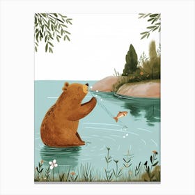 Brown Bear Catching Fish In A Tranquil Lake Storybook Illustration 4 Canvas Print