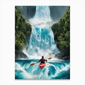 Kayaker In Front Of Waterfall Canvas Print