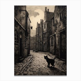 Black Cat At Night On Cobbled Street In Medieval Town Canvas Print