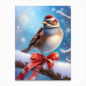 Winter Sparrow Adorned In Vibrant Festive Attire Perched Jauntily On A Frost Kissed Branch Snowfl Canvas Print