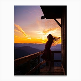 Woman Basking In Sunsets Glow On A Mountain Porch Silhouette Against A Sky Painted With Hues Of Or (4) Canvas Print