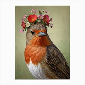 Robin With Flower Crown 20 Canvas Print